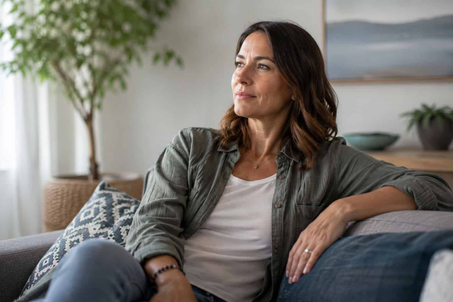 Relaxed woman sitting on the couch looking thoughtfully out the window, representing consideration of iron infusion costs in Australia.