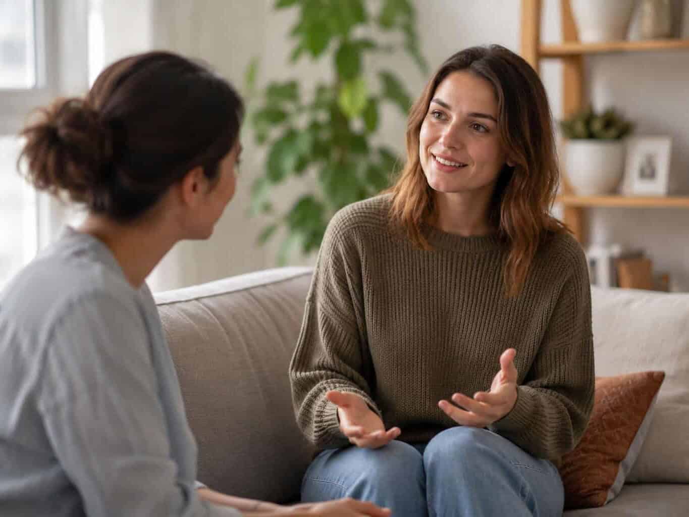 Woman having an open conversation with her GP on the couch, representing the kinds of questions to ask during a health check.