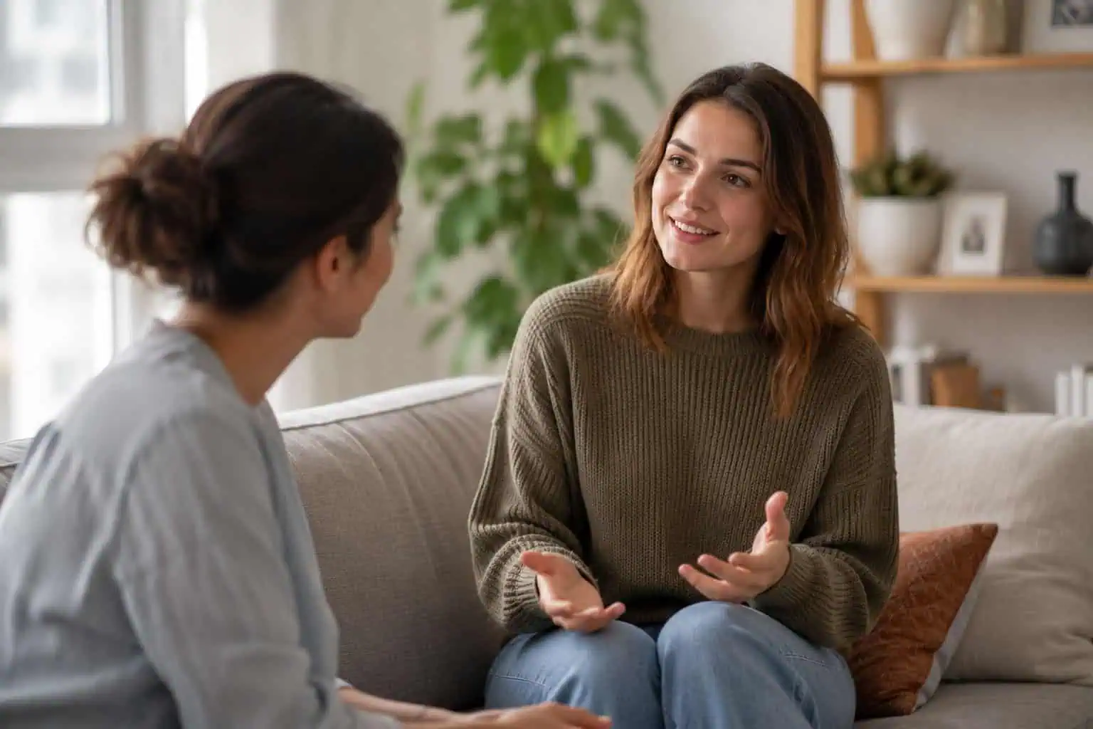 Woman having an open conversation with her GP on the couch, representing the kinds of questions to ask during a health check.