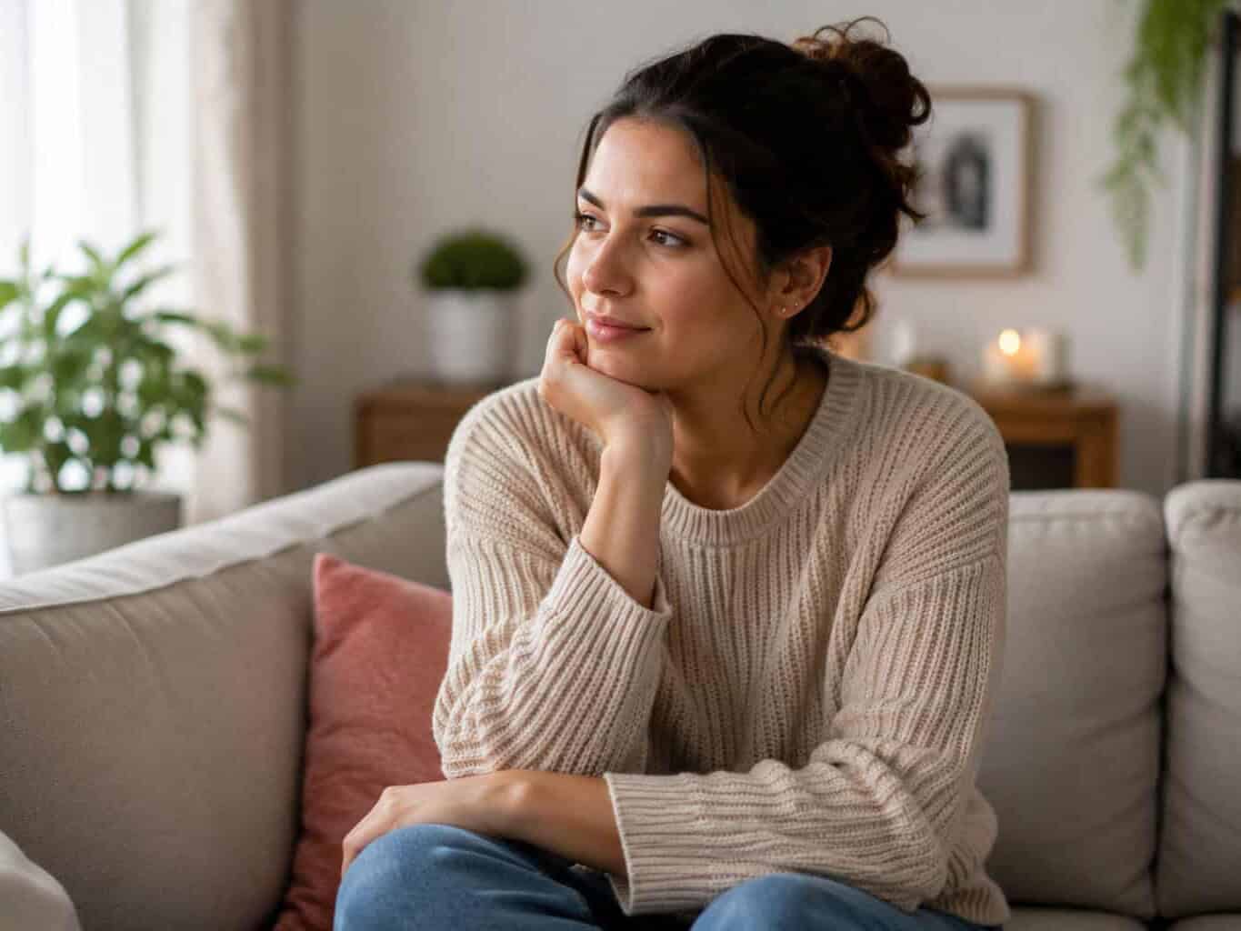 Woman sitting thoughtfully on the couch, reflecting on the recent changes to cervical screening guidelines.