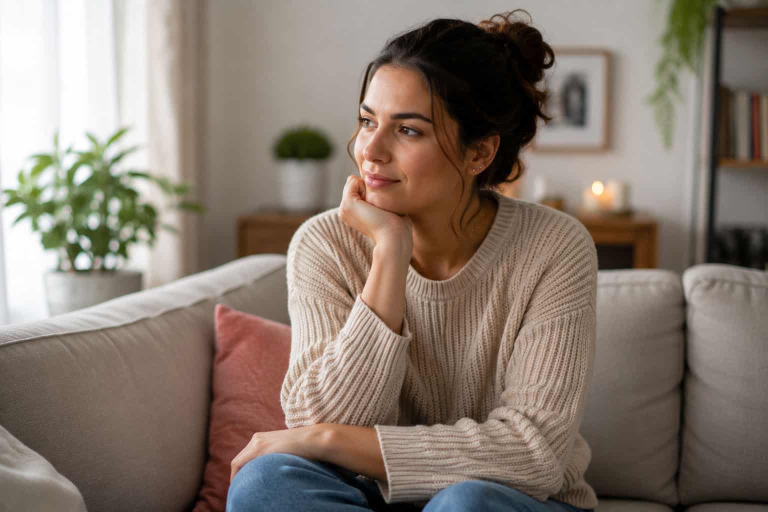 Woman sitting thoughtfully on the couch, reflecting on the recent changes to cervical screening guidelines.