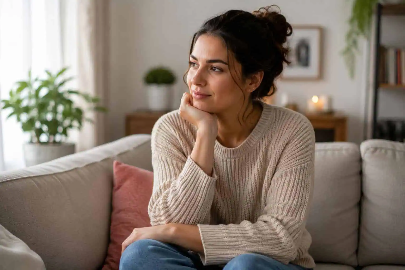 Woman sitting thoughtfully on the couch, reflecting on the recent changes to cervical screening guidelines.