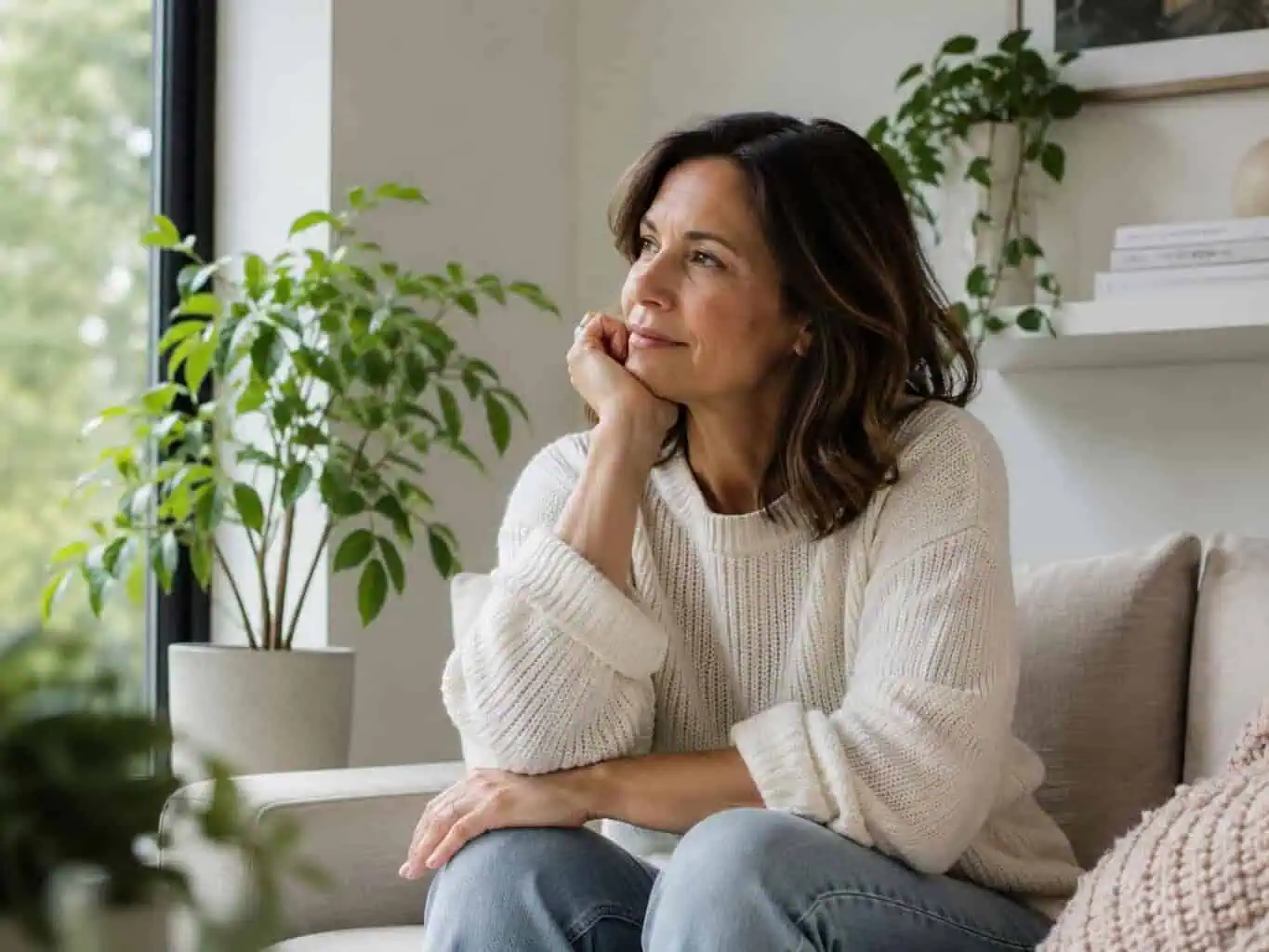Middle-aged woman sitting on the couch resting her chin on her hand, gazing thoughtfully out the window, reflecting on perimenopause symptoms and seeking GP advice.