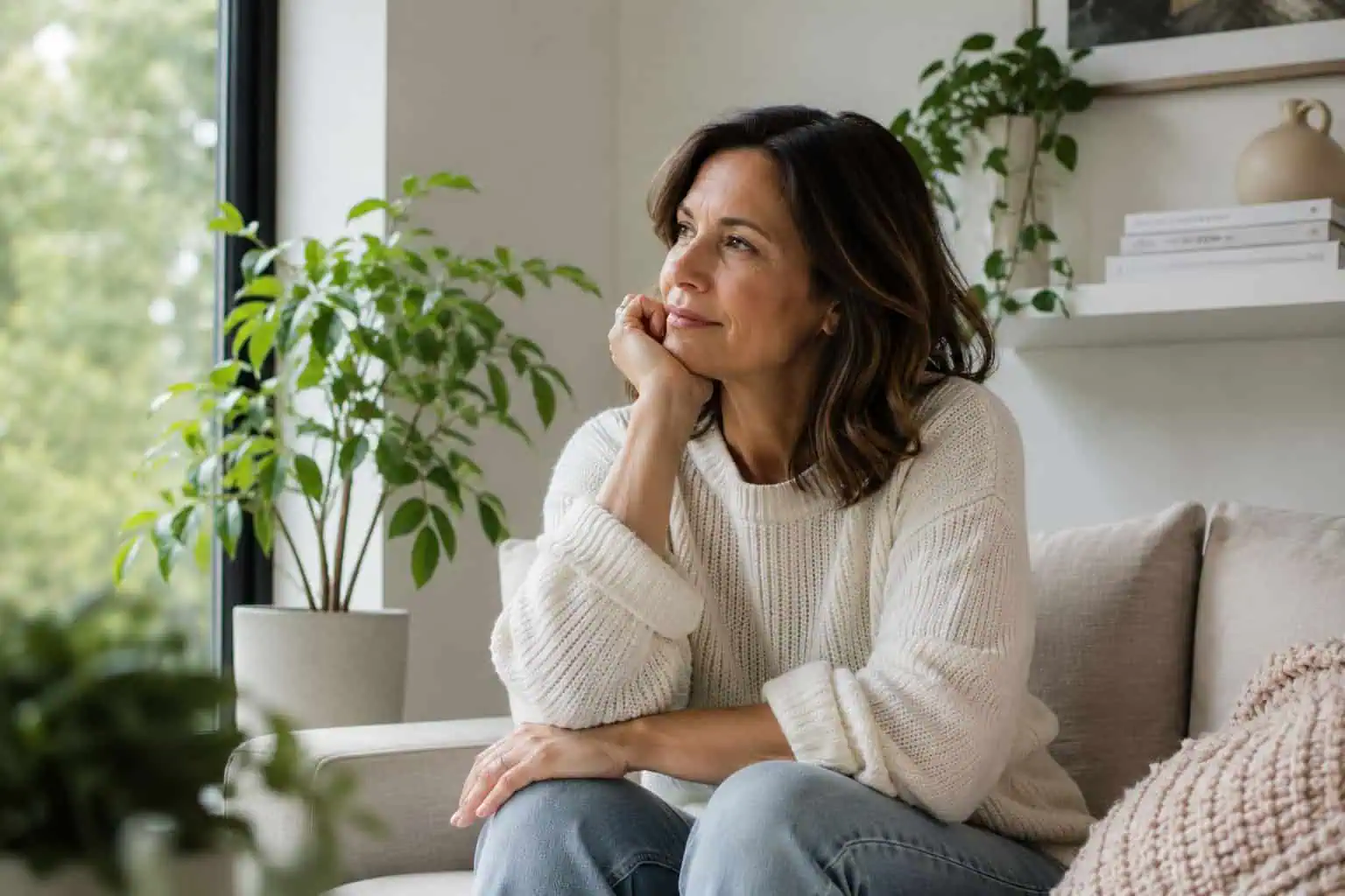Middle-aged woman sitting on the couch resting her chin on her hand, gazing thoughtfully out the window, reflecting on perimenopause symptoms and seeking GP advice.