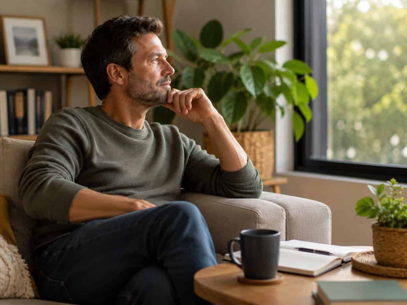 Man sitting thoughtfully at home, considering his options for choosing a WorkCover doctor for his workers' compensation claim.