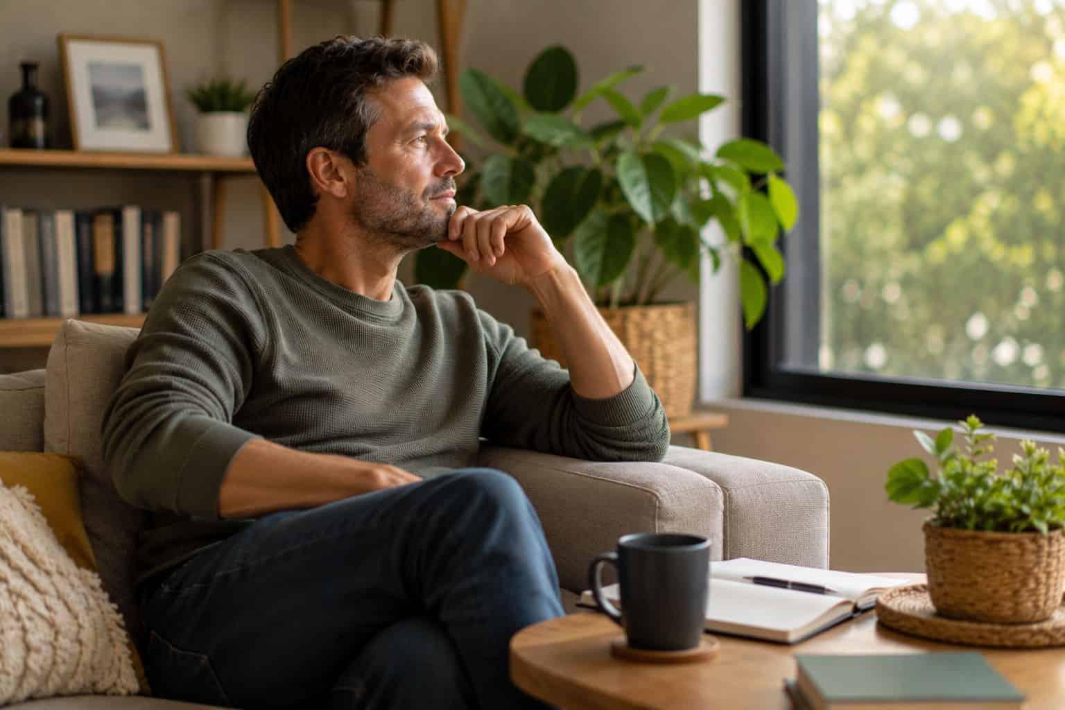 Man sitting thoughtfully at home, considering his options for choosing a WorkCover doctor for his workers' compensation claim.